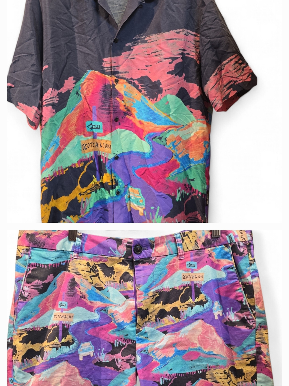 Scotch & Soda, Abstract Mountain Print Button-Down Shirt & Short Set XXL